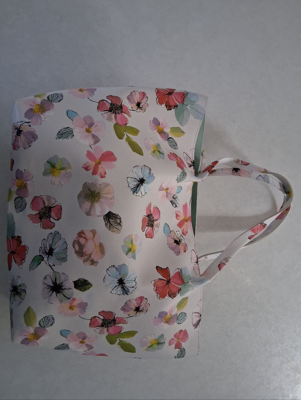 Indigo/ Floral Print Tote Bag with Mint Inside/ Card Holder - Picture 5 of 16